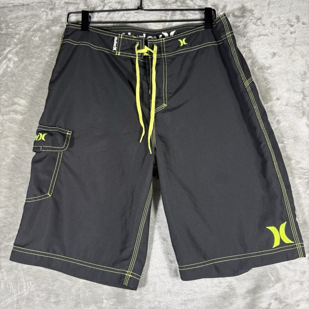 Hurley Mens Black W/ Neon Green Board Shorts 32 Cargo Coastal Beach Surfer